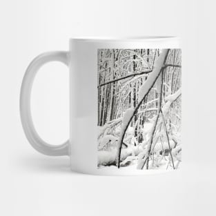 Snow covered trees in a forest after a winter snowstorm Mug